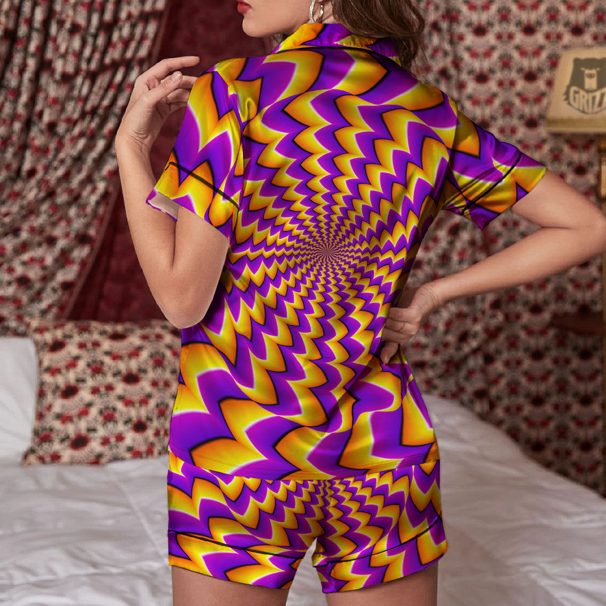 Optical Illusion Moving Dizzy Circle Women Silk Pajamas-grizzshop