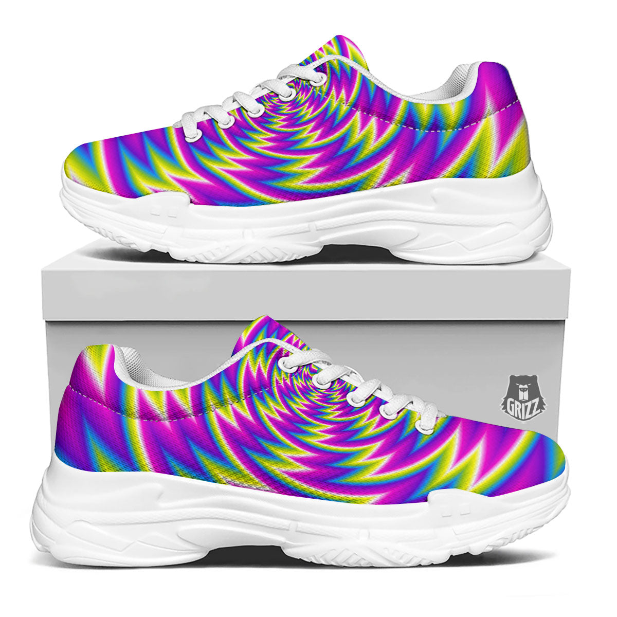 Optical Illusion Moving Dizzy Spiral White Chunky Shoes-grizzshop