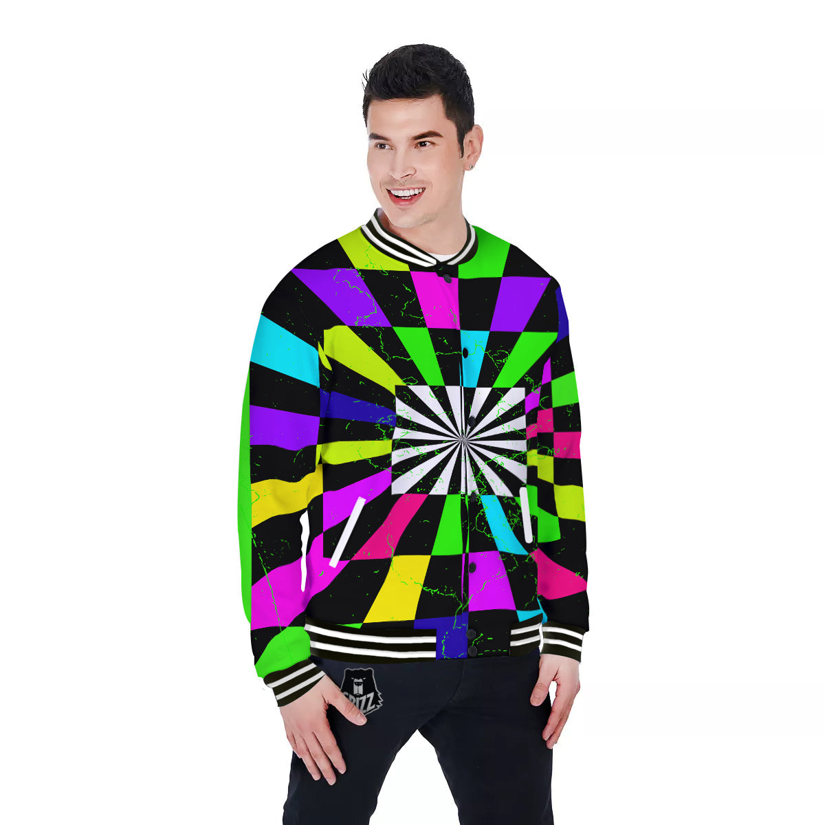 Optical Illusion Neon Abstract Print Baseball Jacket-grizzshop