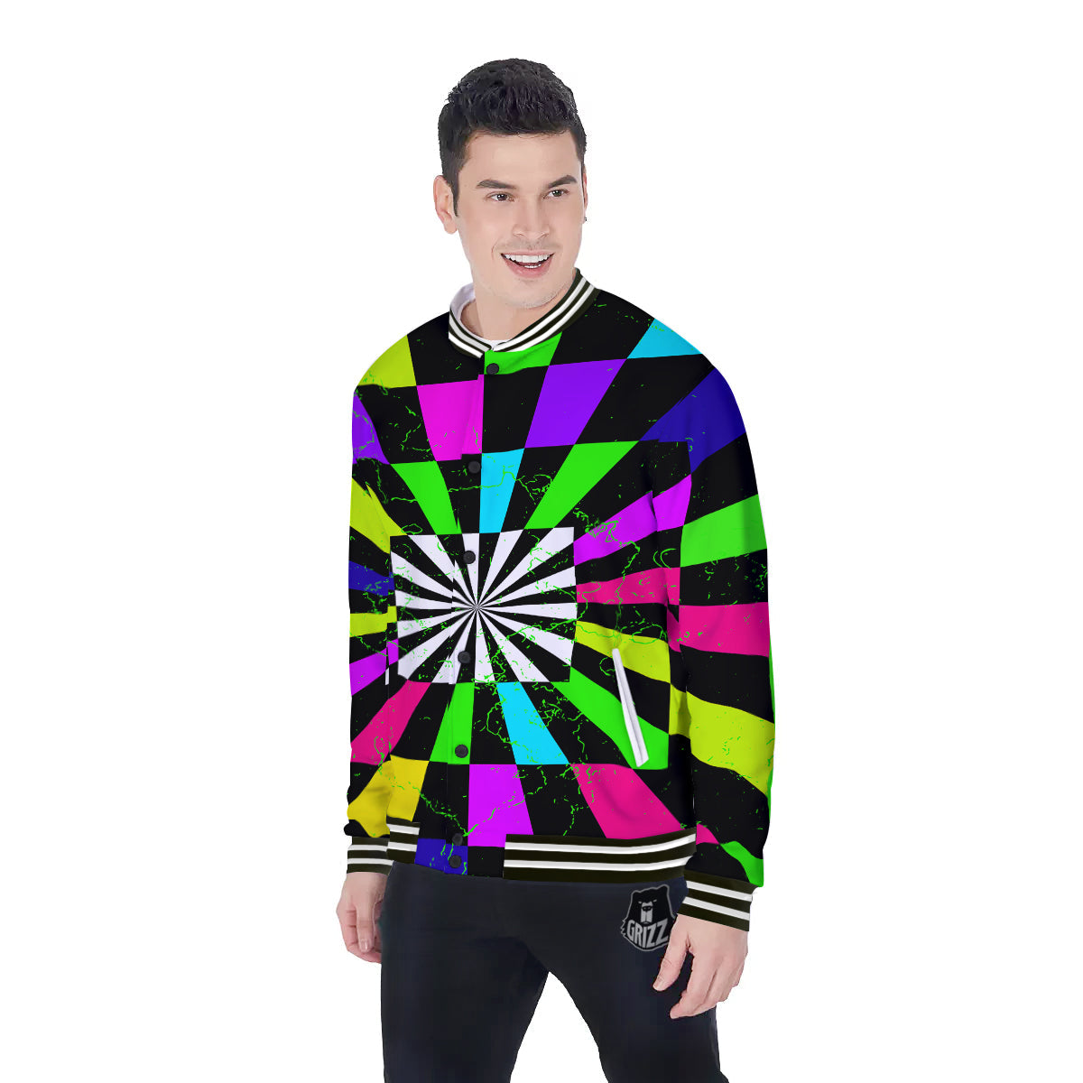 Optical Illusion Neon Abstract Print Baseball Jacket-grizzshop