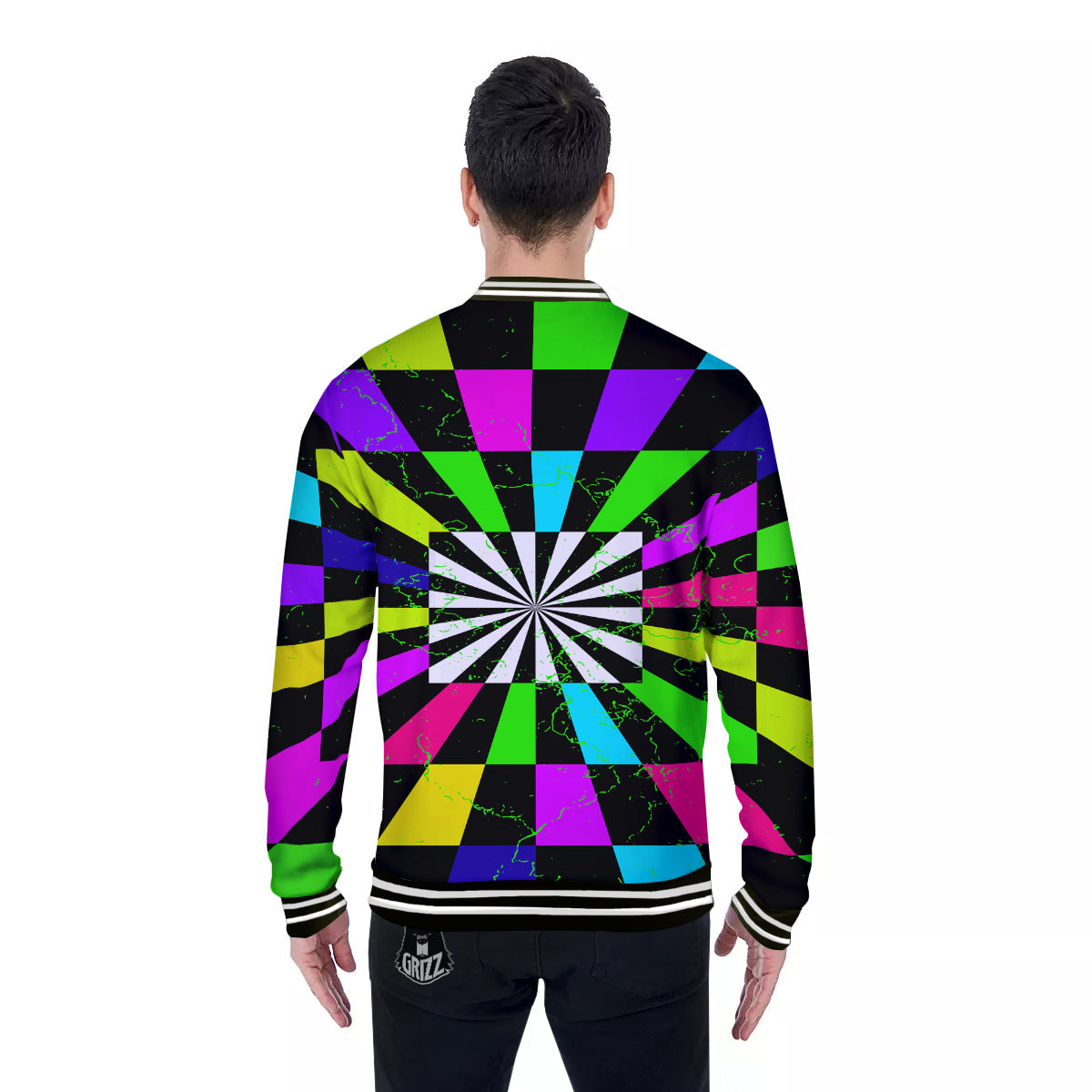 Optical Illusion Neon Abstract Print Baseball Jacket-grizzshop