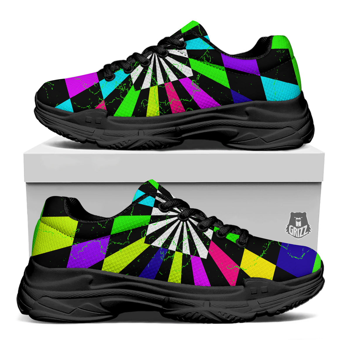 Optical Illusion Neon Abstract Print Black Chunky Shoes-grizzshop