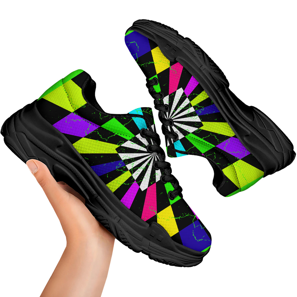 Optical Illusion Neon Abstract Print Black Chunky Shoes-grizzshop