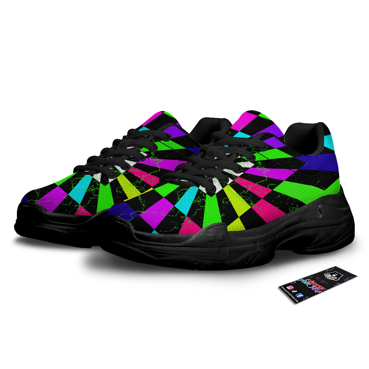Optical Illusion Neon Abstract Print Black Chunky Shoes-grizzshop