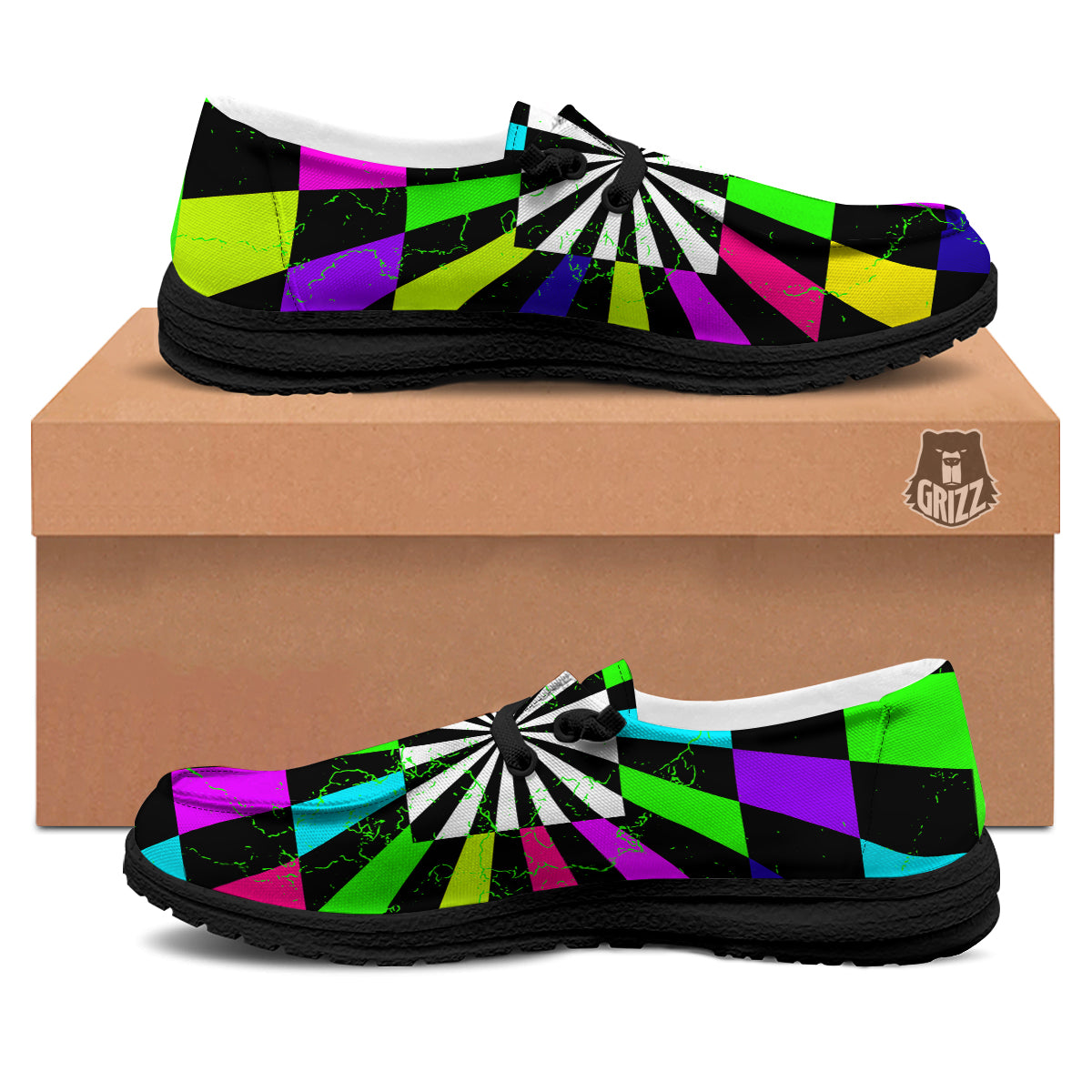 Optical Illusion Neon Abstract Print Black Loafers-grizzshop