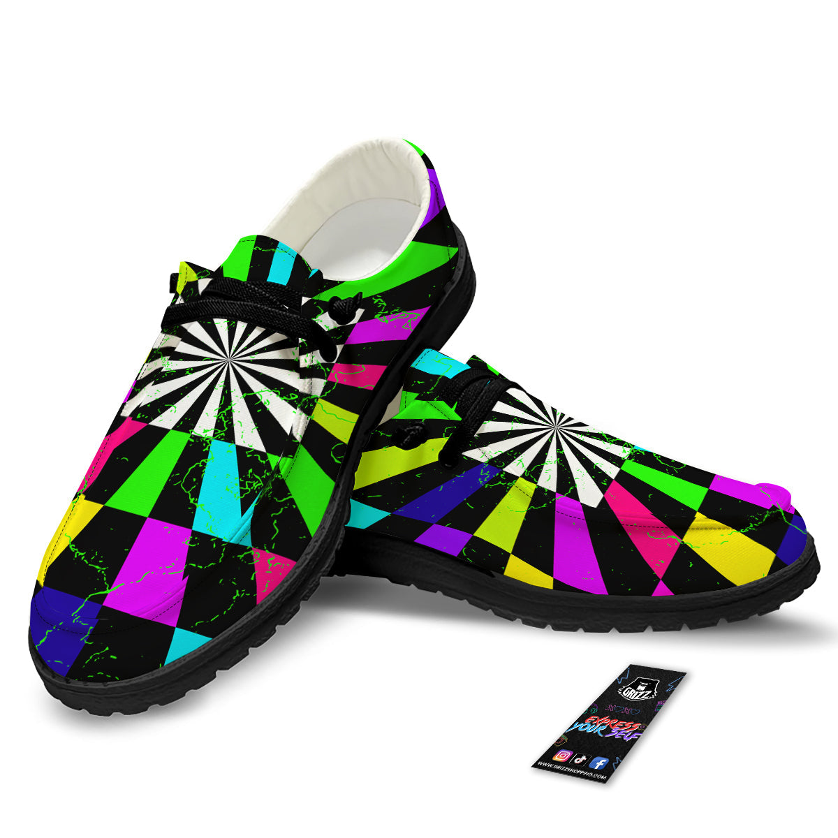 Optical Illusion Neon Abstract Print Black Loafers-grizzshop
