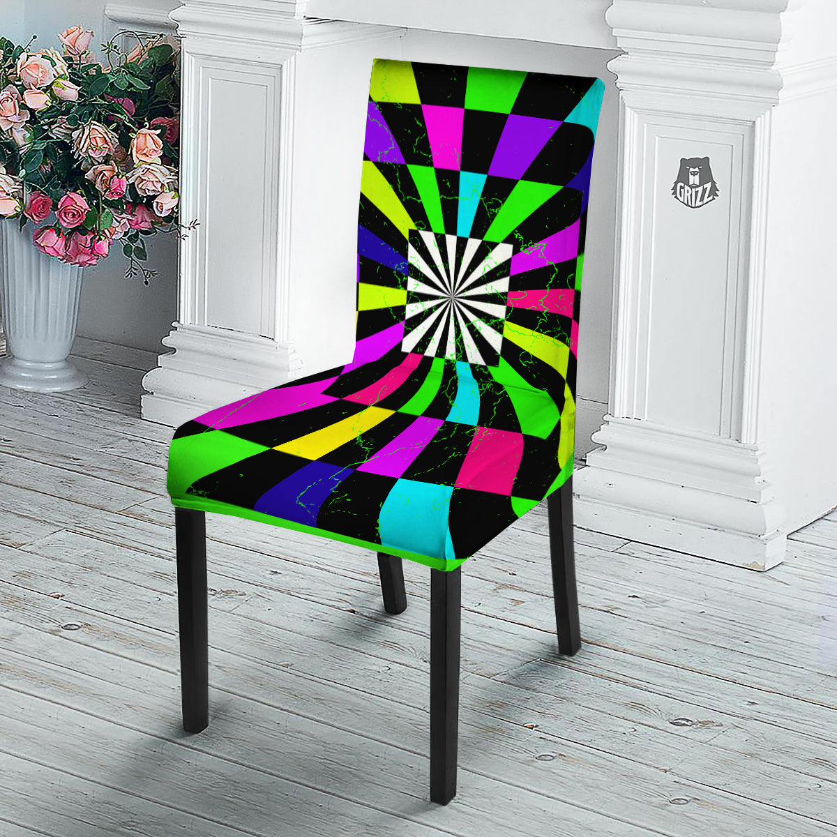 Optical Illusion Neon Abstract Print Dining Chair Slipcover-grizzshop