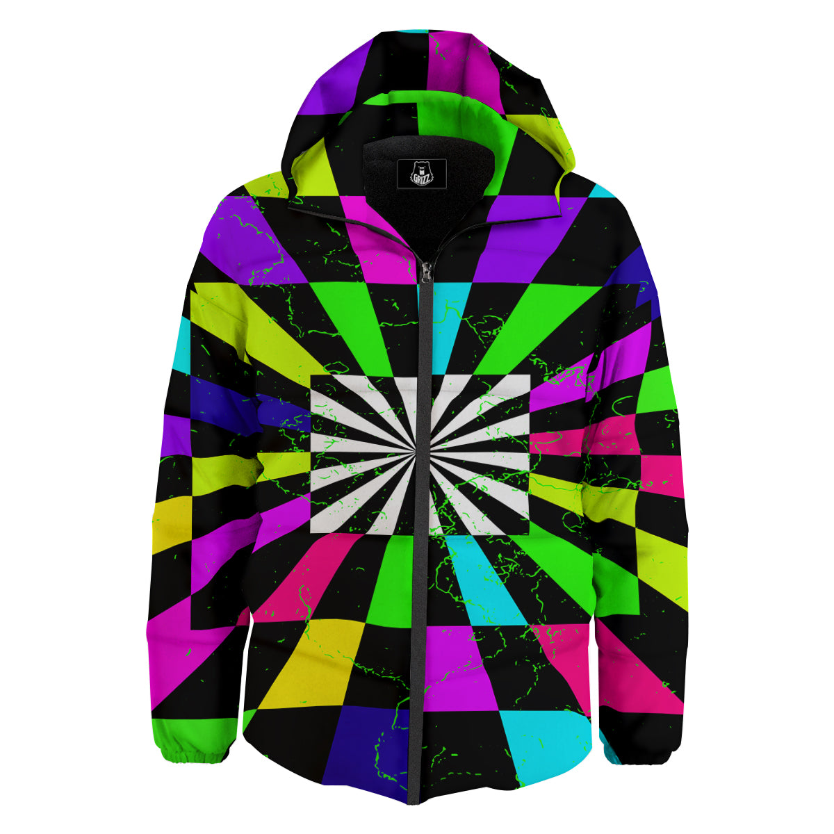 Optical Illusion Neon Abstract Print Down Jacket-grizzshop