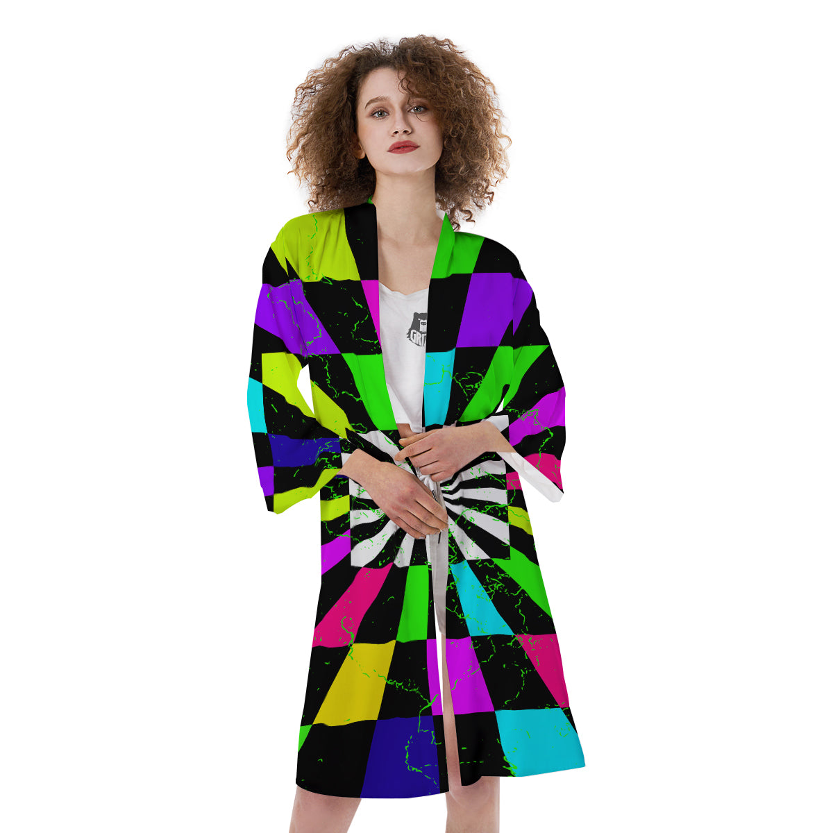 Optical Illusion Neon Abstract Print Kimono-grizzshop