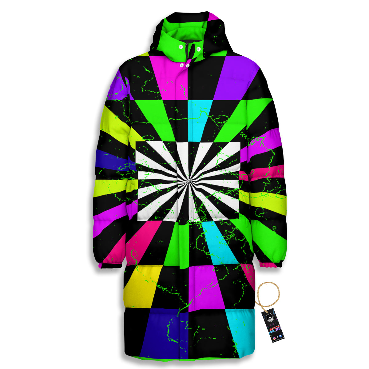 Optical Illusion Neon Abstract Print Long Down Jacket-grizzshop