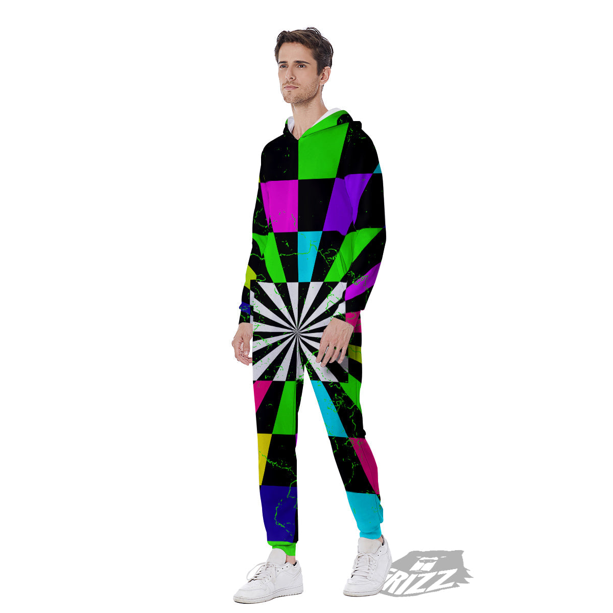 Optical Illusion Neon Abstract Print Men's Jumpsuit-grizzshop