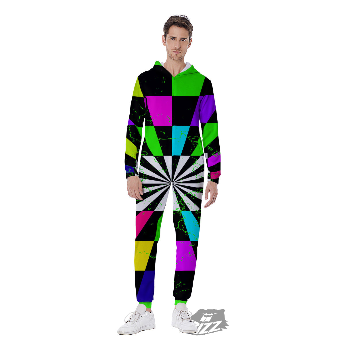 Optical Illusion Neon Abstract Print Men's Jumpsuit-grizzshop