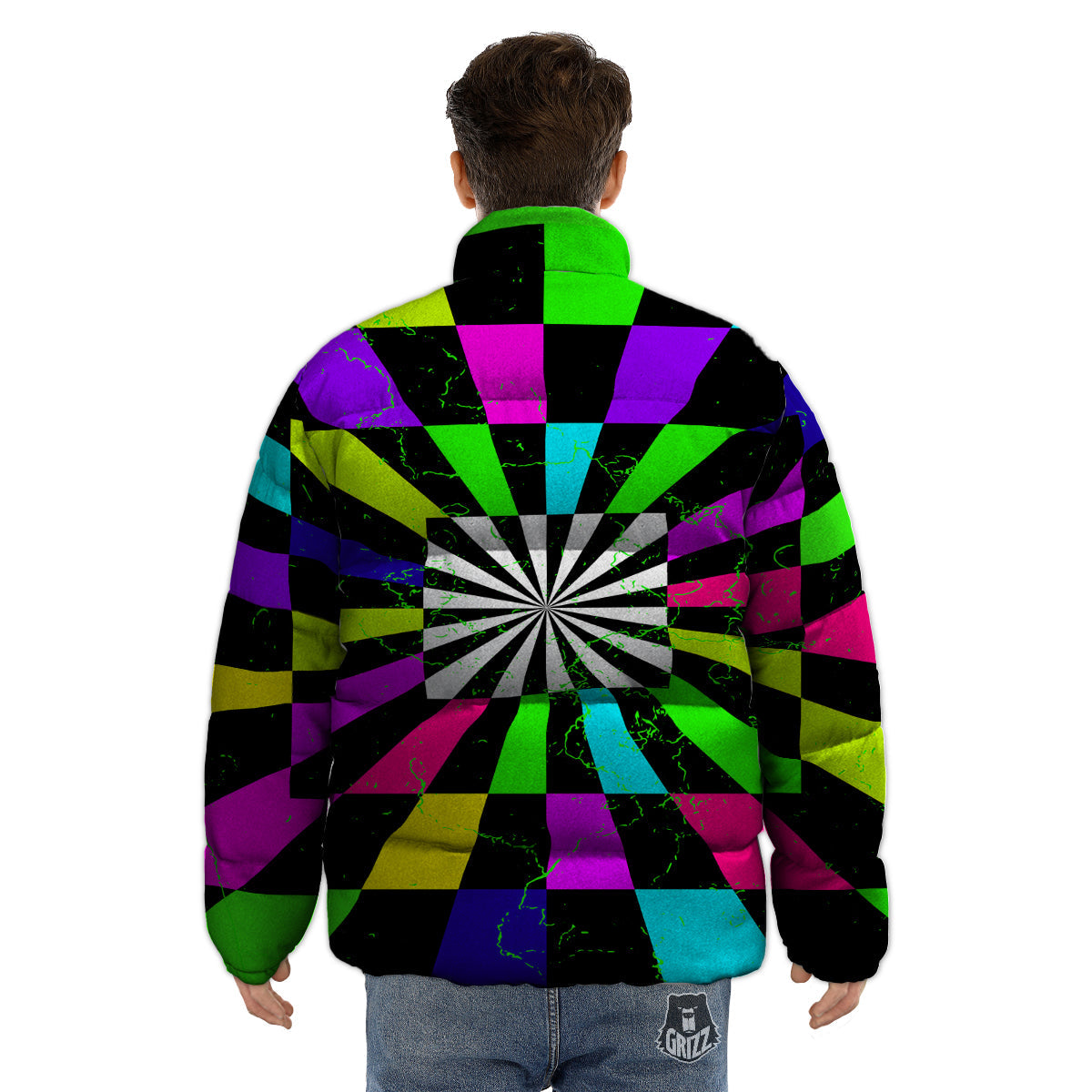 Optical Illusion Neon Abstract Print Puffer Jacket-grizzshop