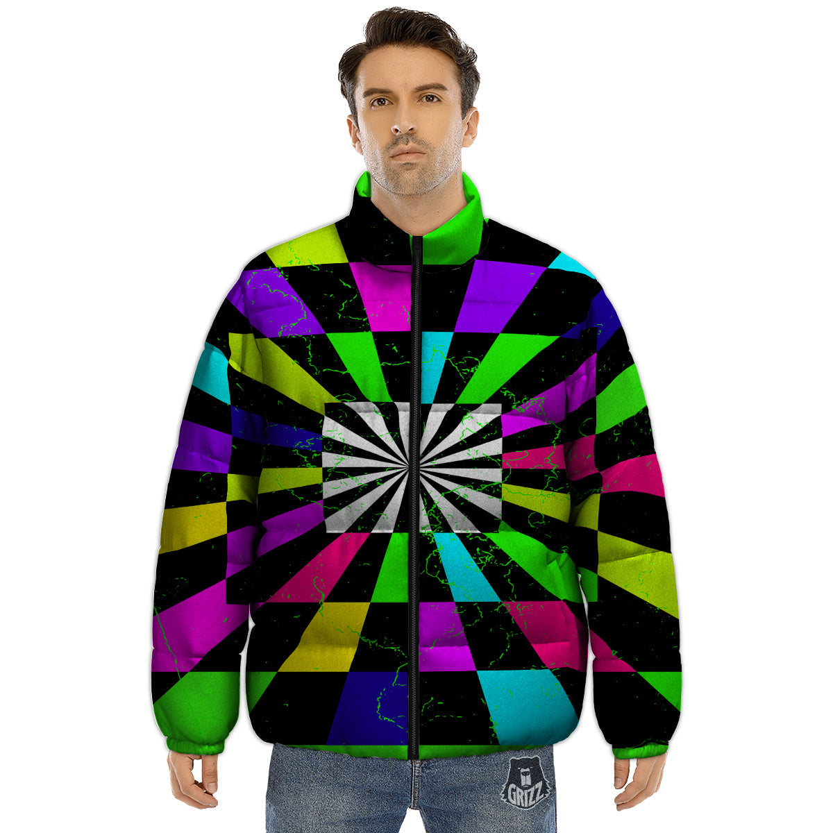Optical Illusion Neon Abstract Print Puffer Jacket-grizzshop