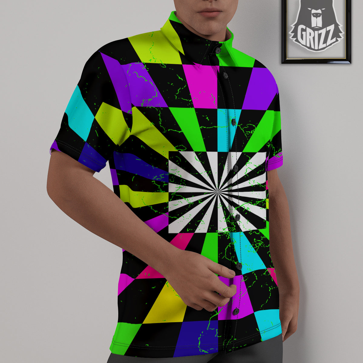 Optical Illusion Neon Abstract Print Untucked Shirts-grizzshop