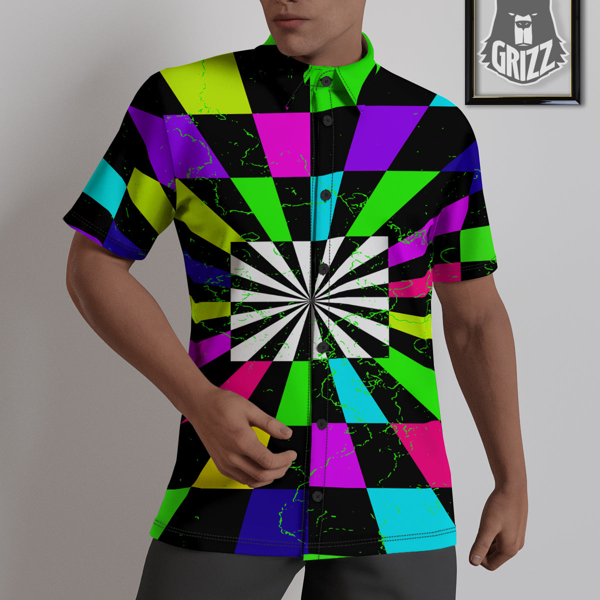 Optical Illusion Neon Abstract Print Untucked Shirts-grizzshop