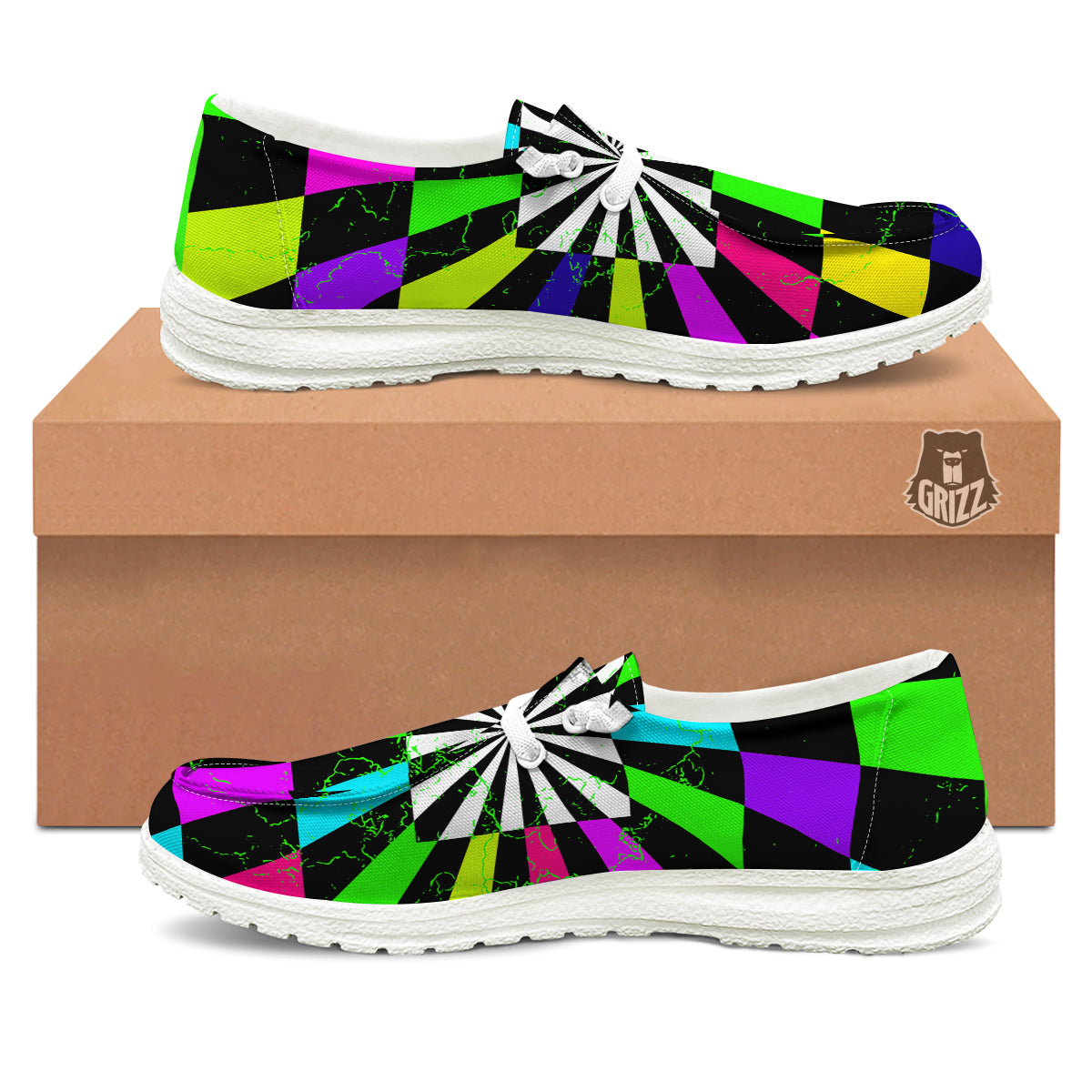 Optical Illusion Neon Abstract Print White Loafers-grizzshop