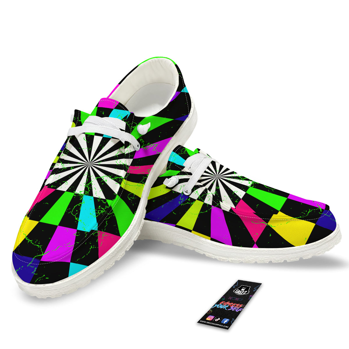 Optical Illusion Neon Abstract Print White Loafers-grizzshop
