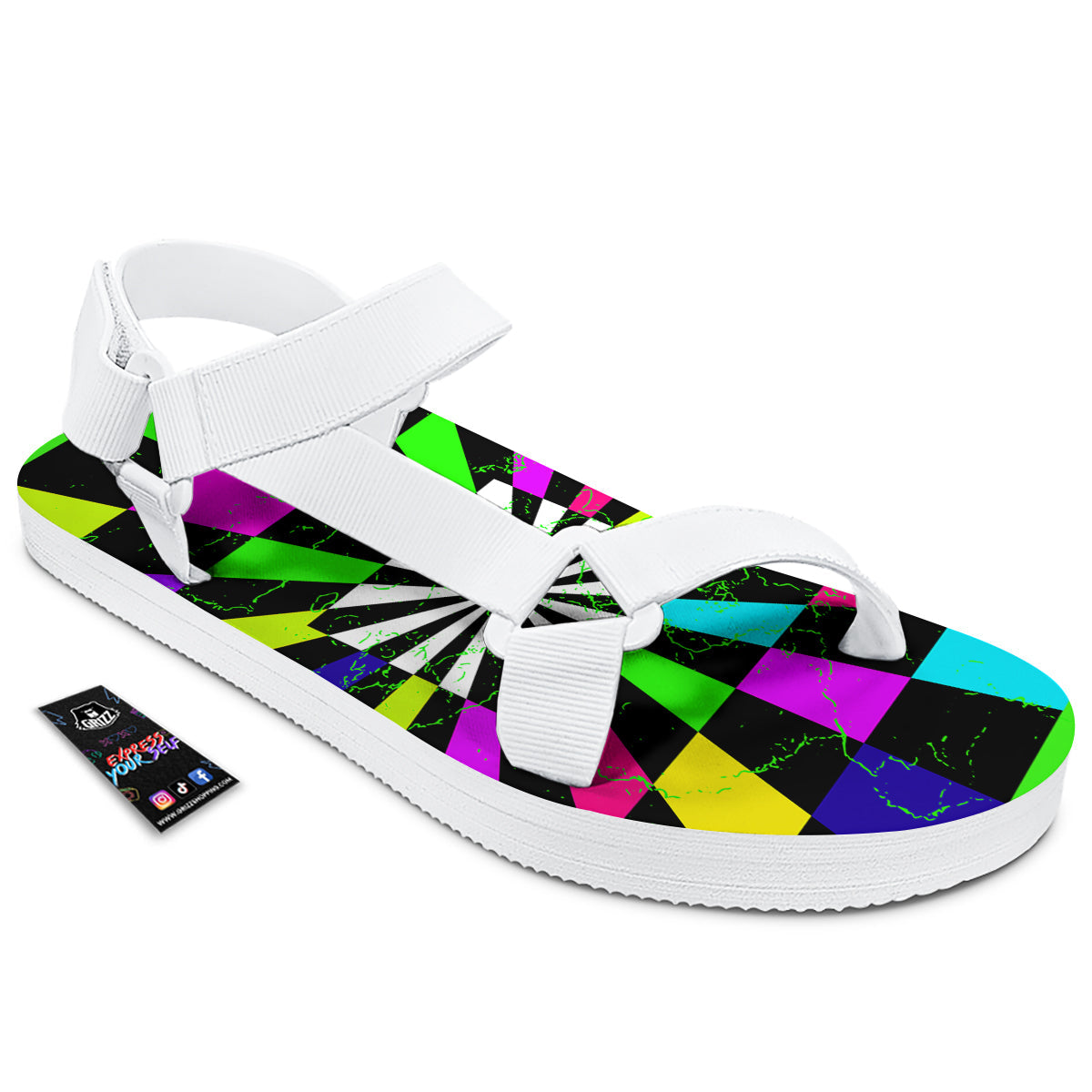 Optical Illusion Neon Abstract Print White Open Toe Sandals-grizzshop