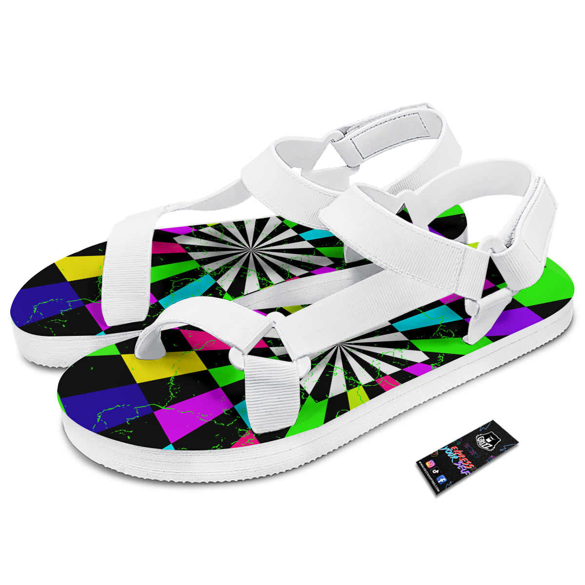 Optical Illusion Neon Abstract Print White Open Toe Sandals-grizzshop