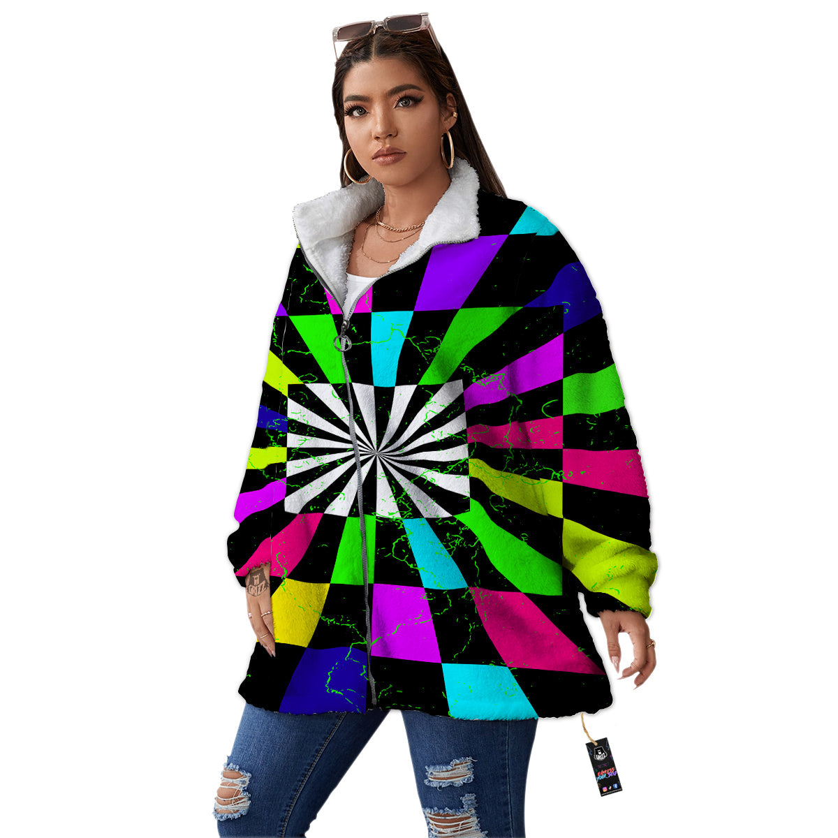 Optical Illusion Neon Abstract Print Women's Sherpa Jacket-grizzshop