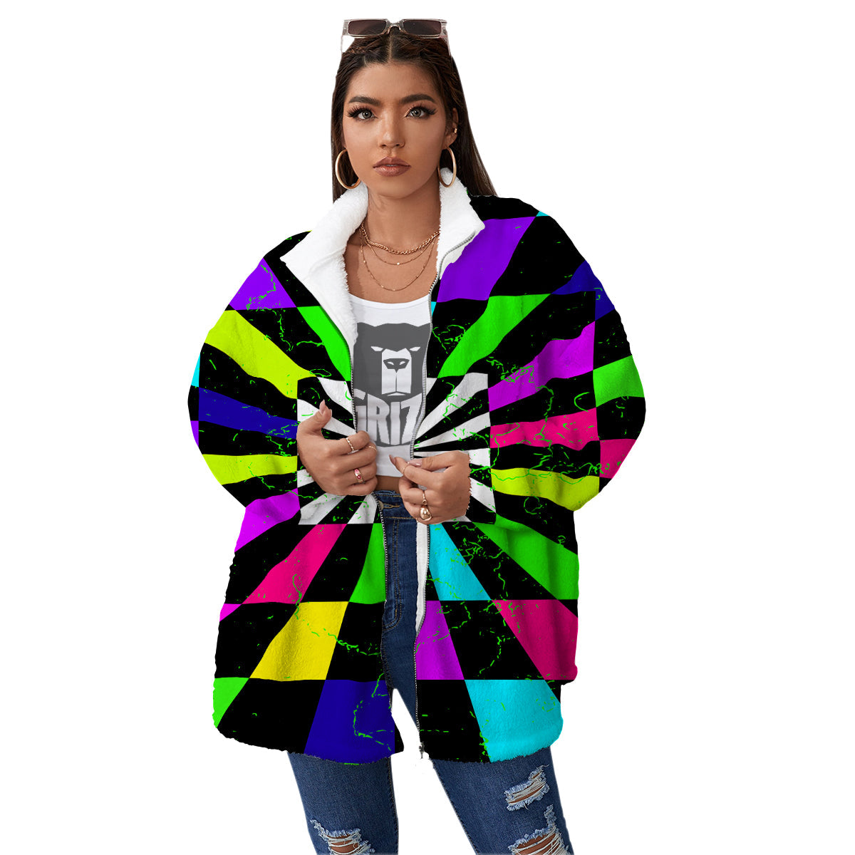 Optical Illusion Neon Abstract Print Women's Sherpa Jacket-grizzshop