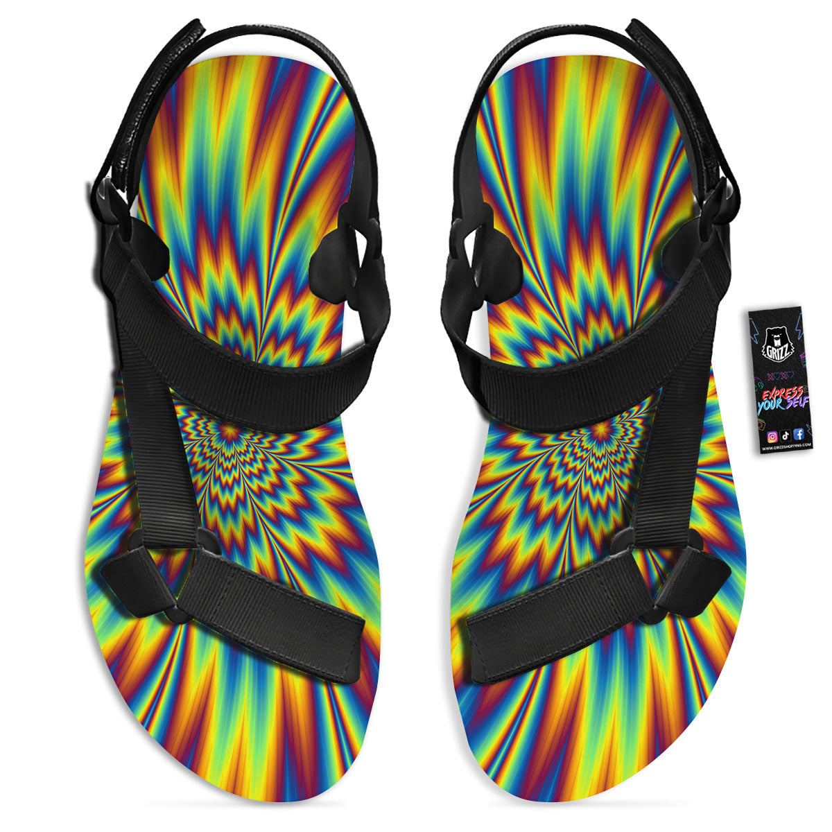 Optical Illusion Neon Psychedelic Black Open Toe Sandals-grizzshop