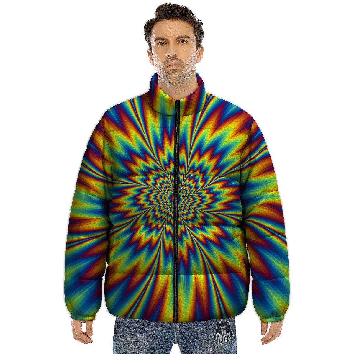 Optical Illusion Neon Psychedelic Puffer Jacket-grizzshop