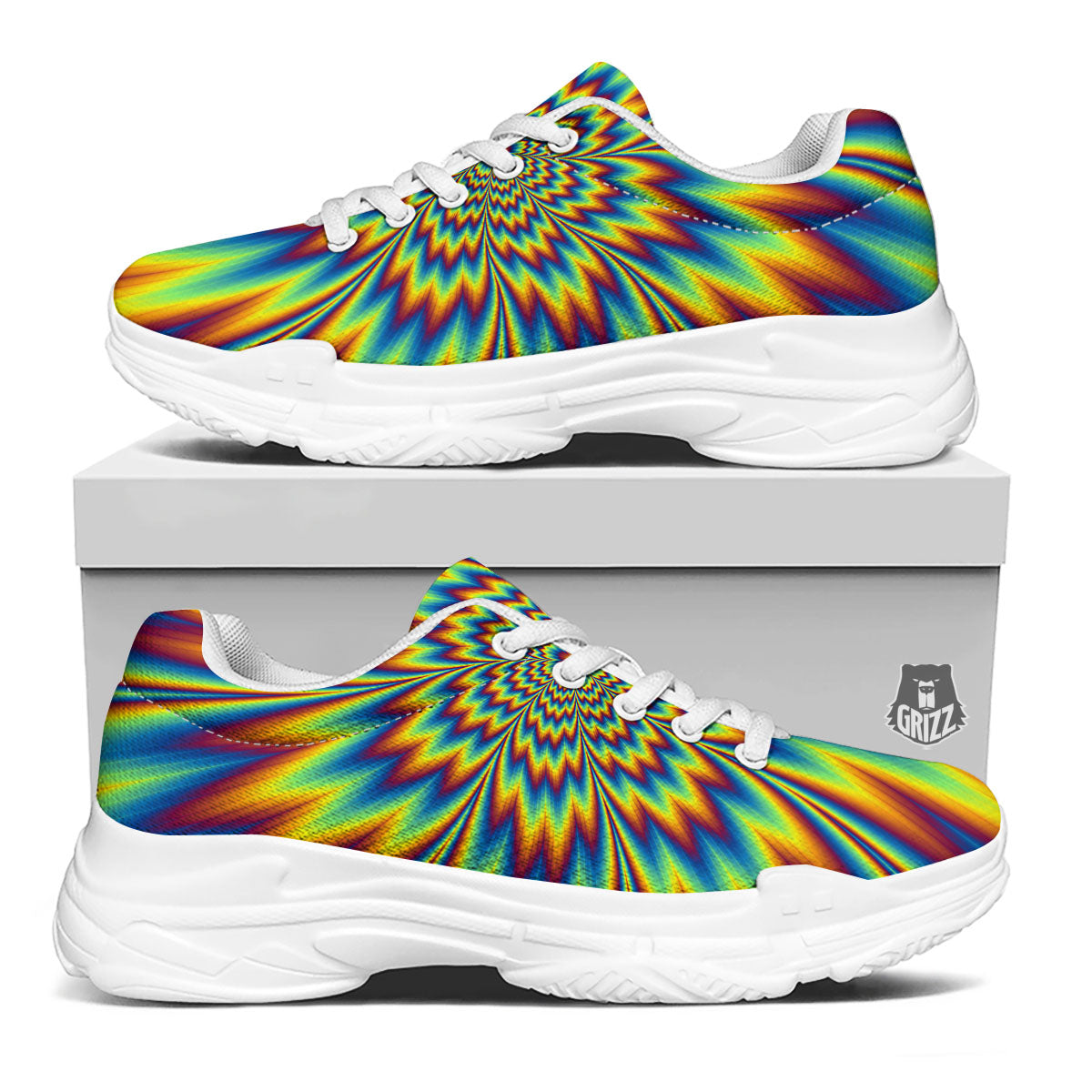 Optical Illusion Neon Psychedelic White Chunky Shoes-grizzshop