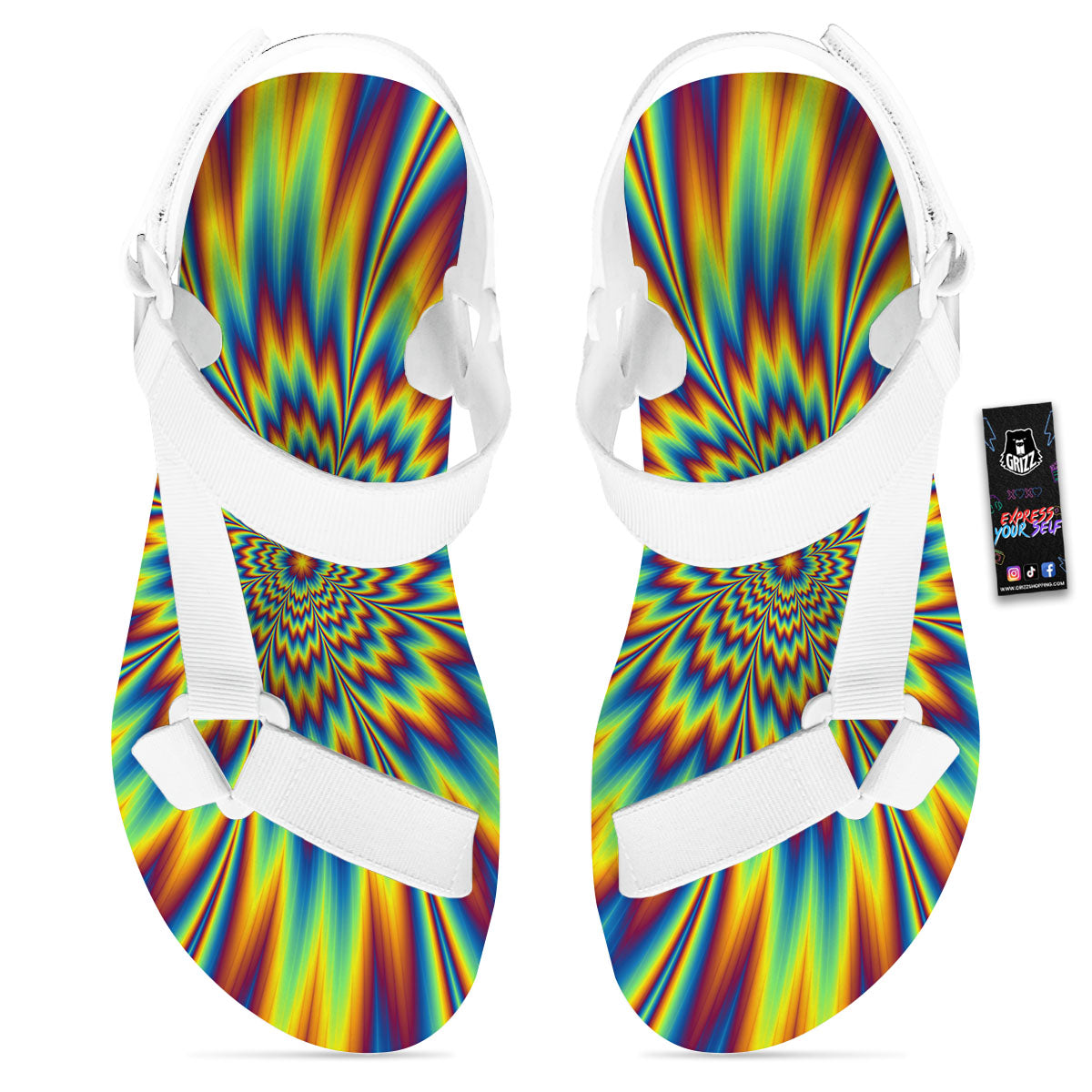 Optical Illusion Neon Psychedelic White Open Toe Sandals-grizzshop