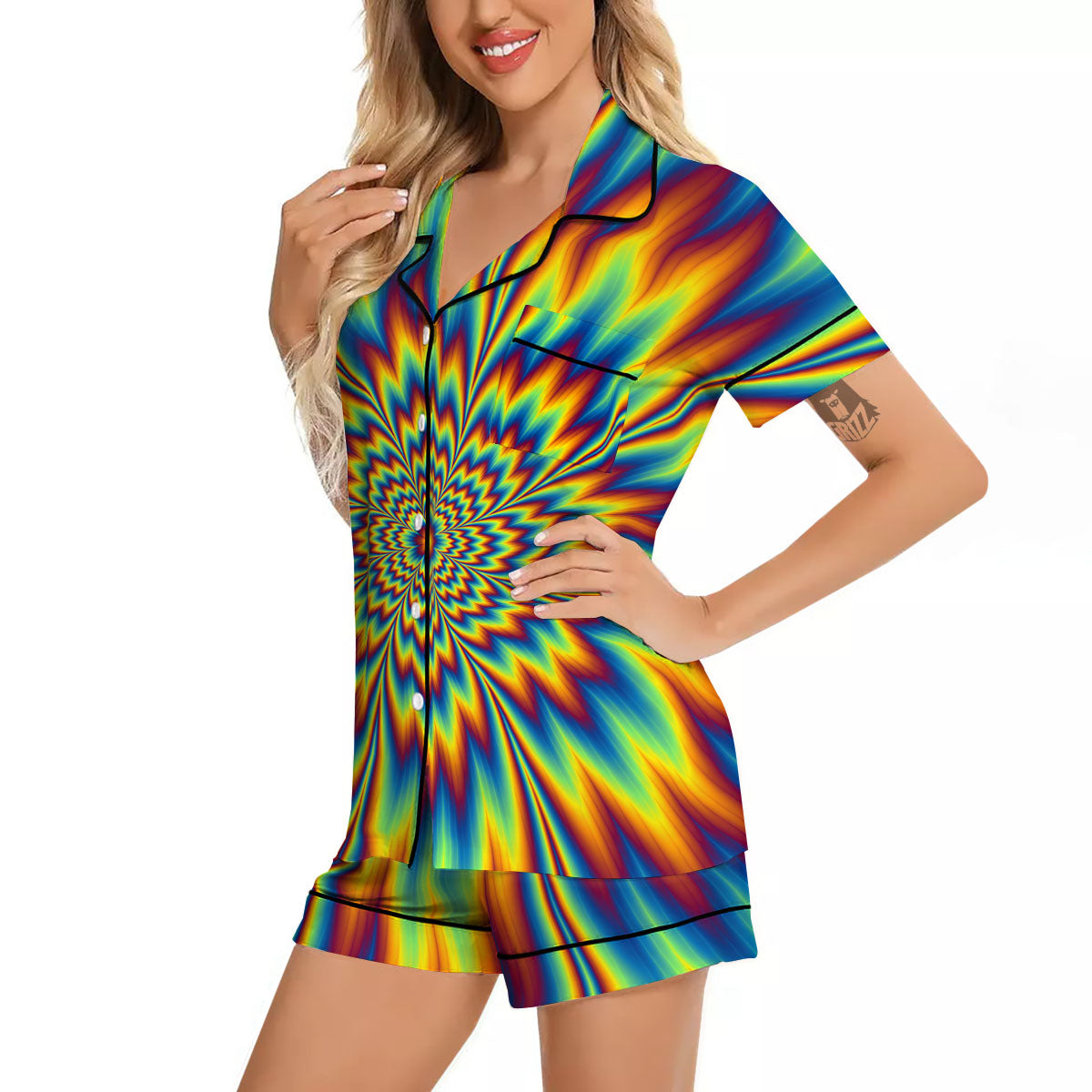 Optical Illusion Neon Psychedelic Women Silk Pajamas-grizzshop