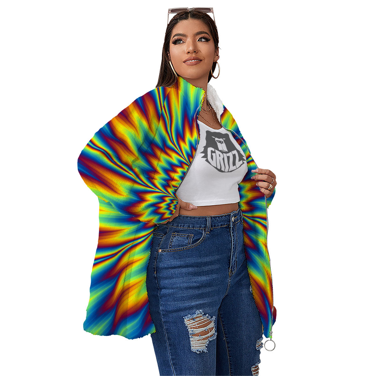 Optical Illusion Neon Psychedelic Women's Sherpa Jacket-grizzshop