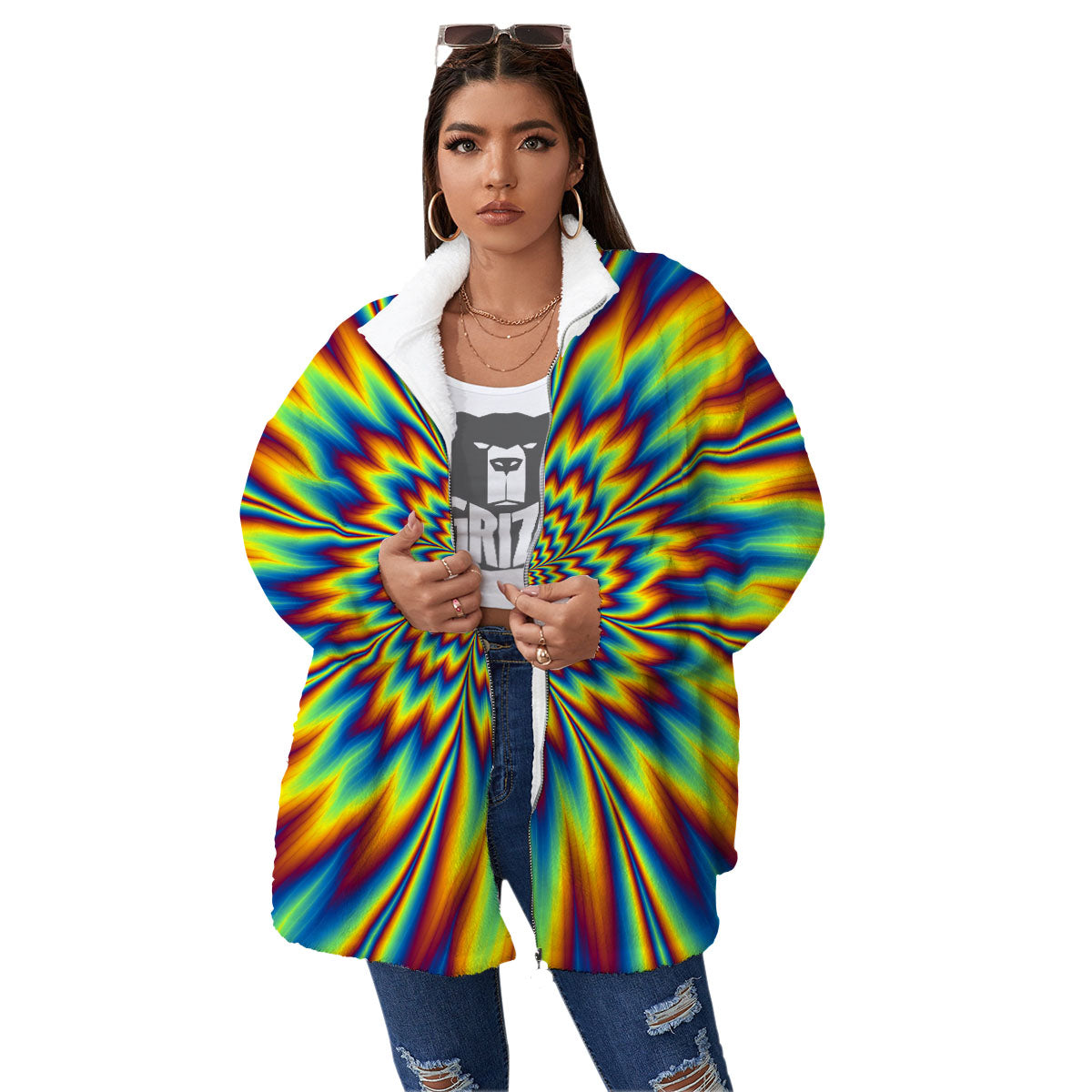 Optical Illusion Neon Psychedelic Women's Sherpa Jacket-grizzshop