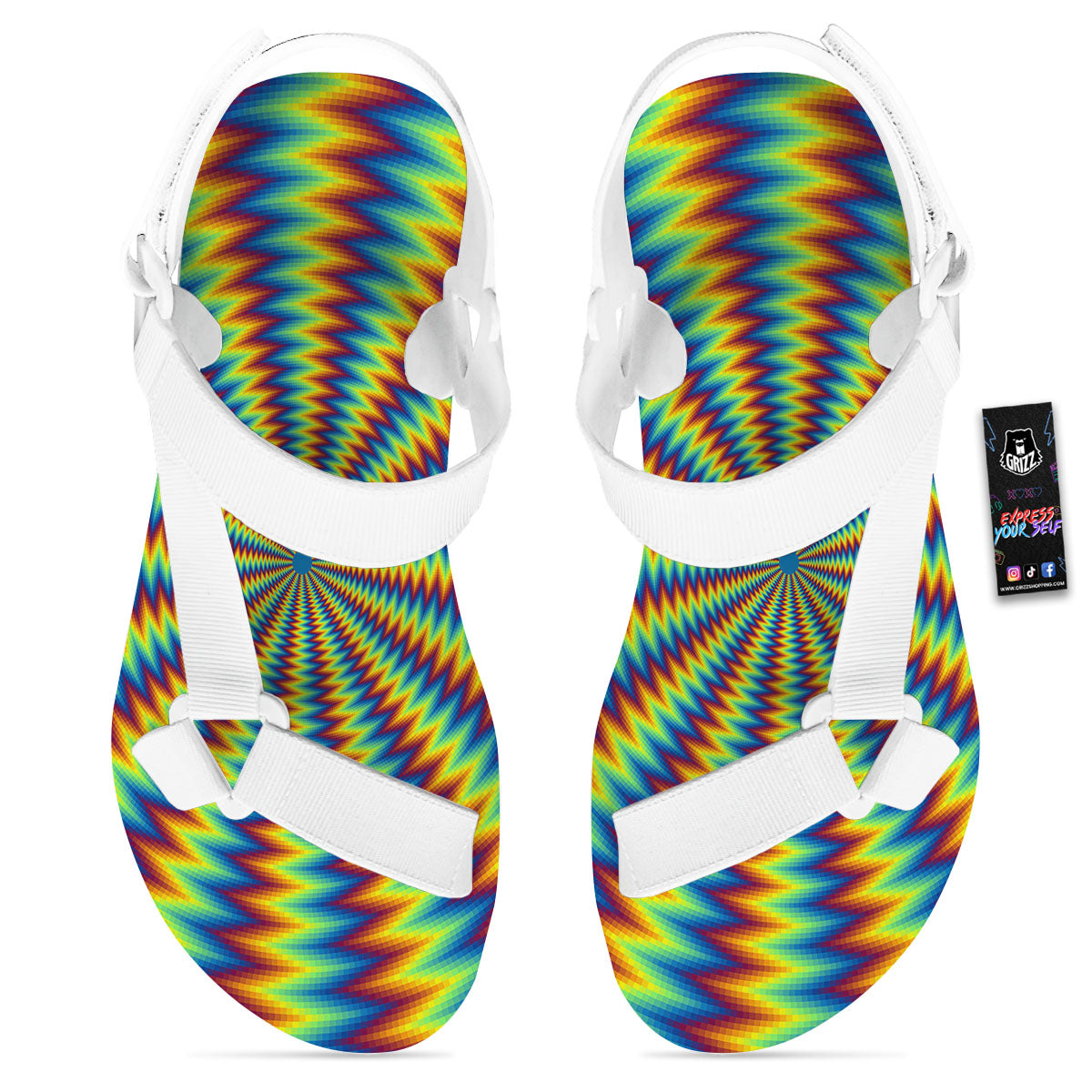 Optical Illusion Octagonal Psychedelic White Open Toe Sandals-grizzshop