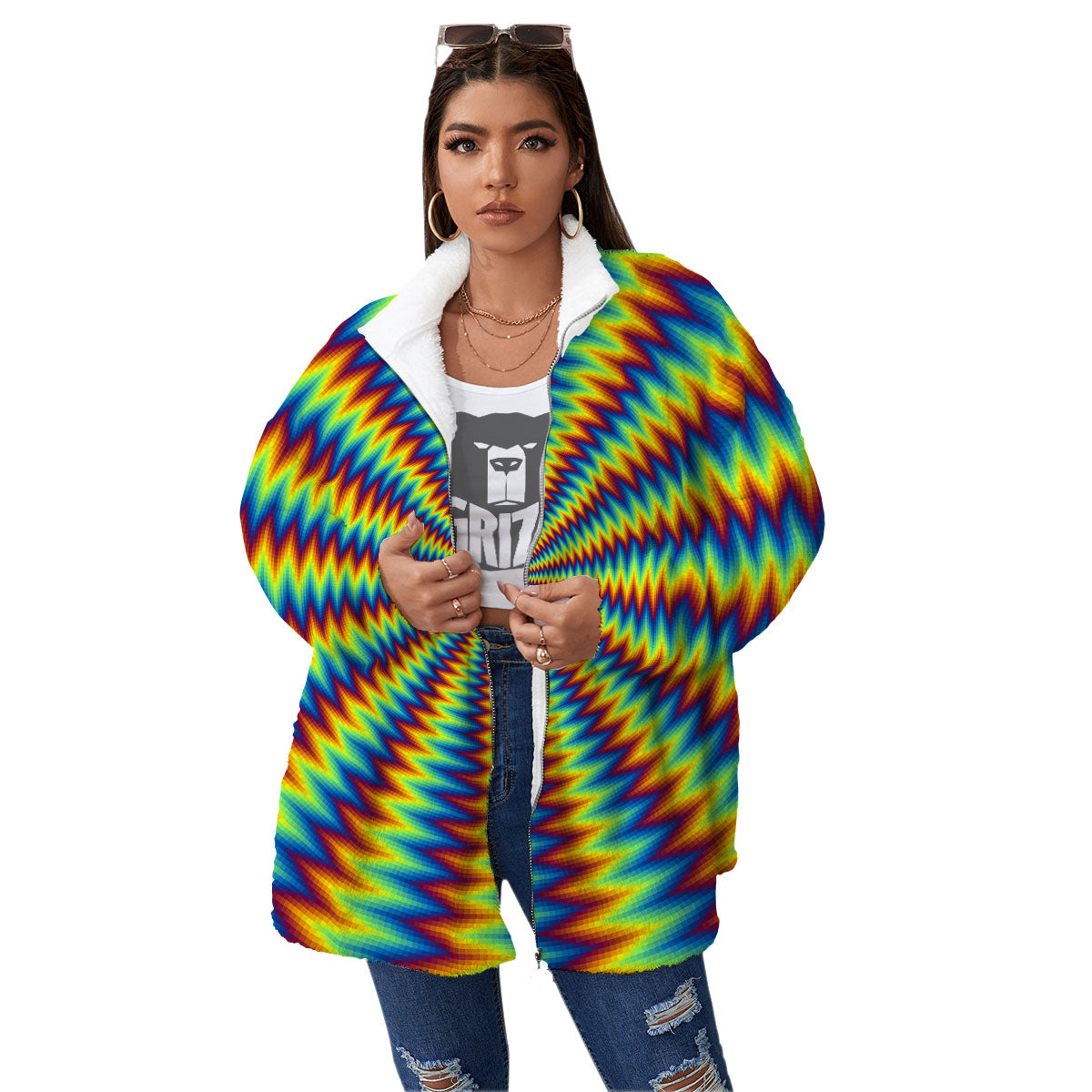 Optical Illusion Octagonal Psychedelic Women's Sherpa Jacket-grizzshop