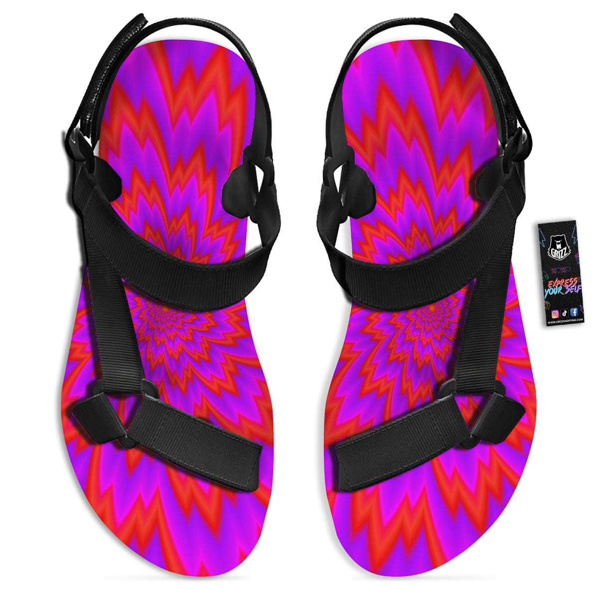 Optical Illusion Spiky Psychedelic Black Open Toe Sandals-grizzshop