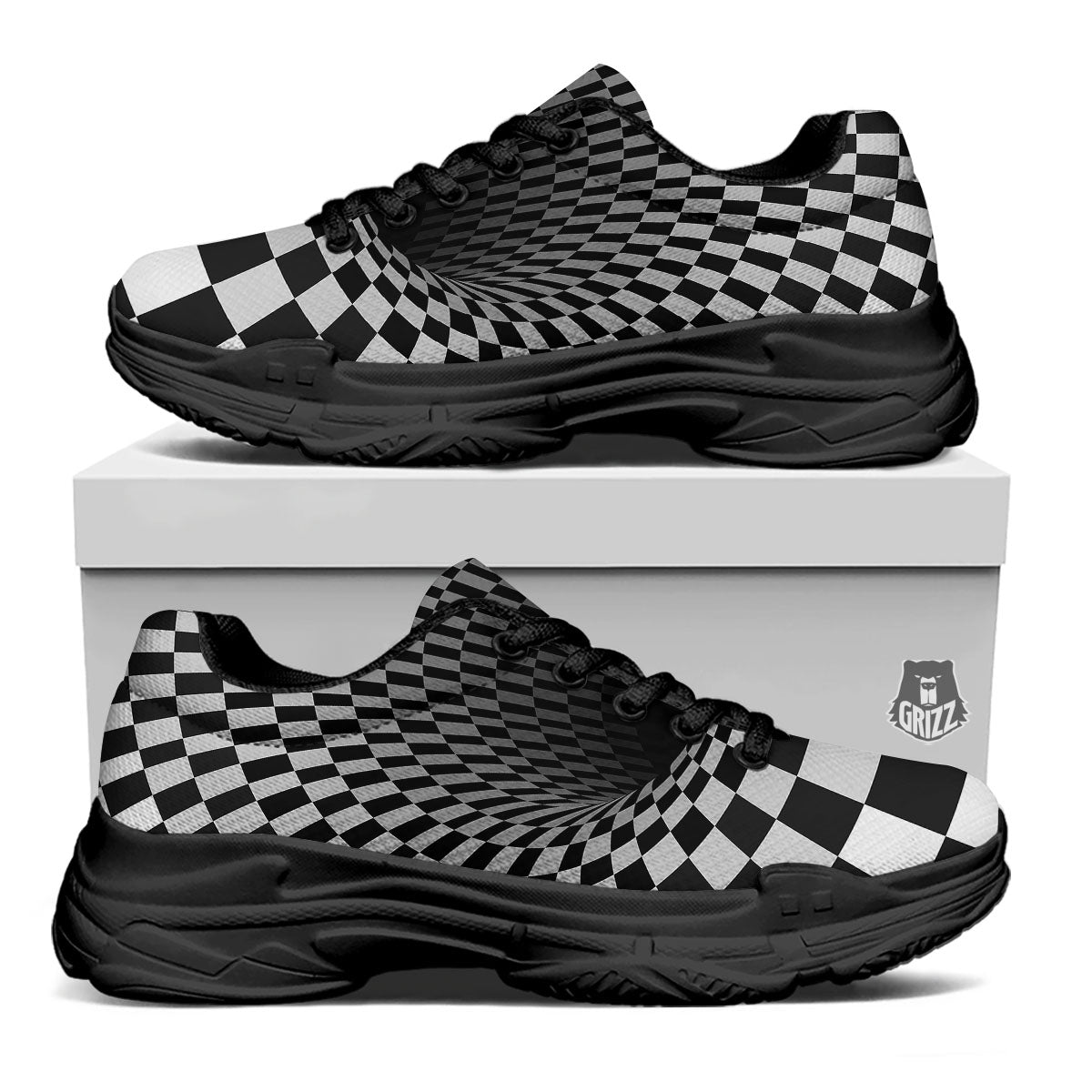Optical Illusion White And Black Print Black Chunky Shoes-grizzshop