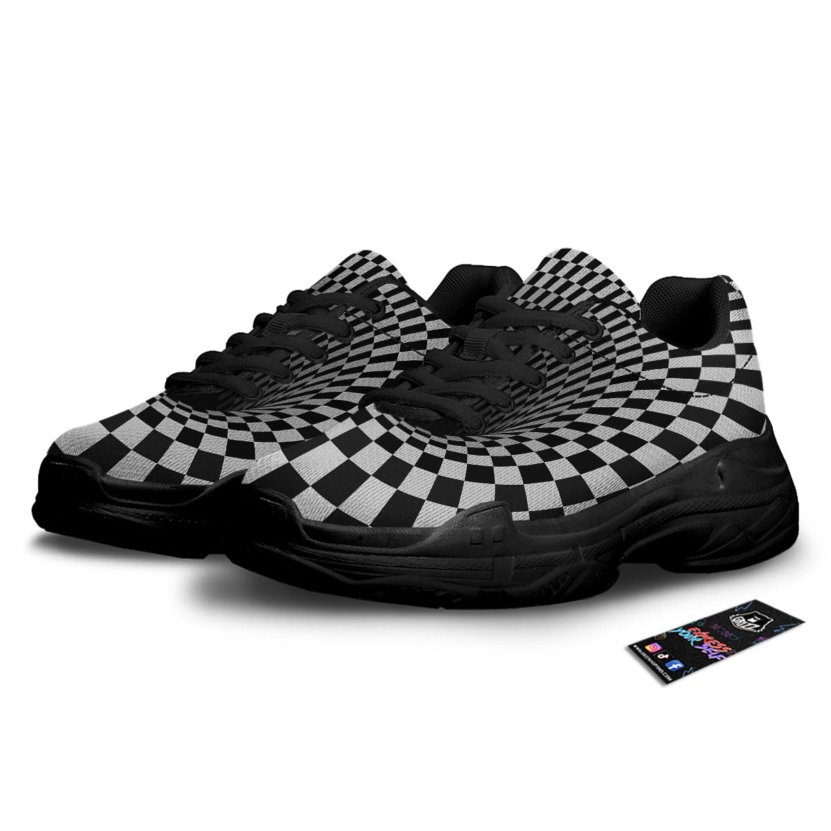 Optical Illusion White And Black Print Black Chunky Shoes-grizzshop