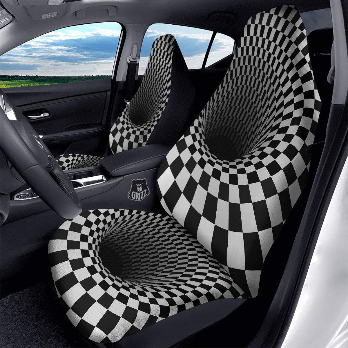 Optical Illusion White And Black Print Car Seat Covers-grizzshop