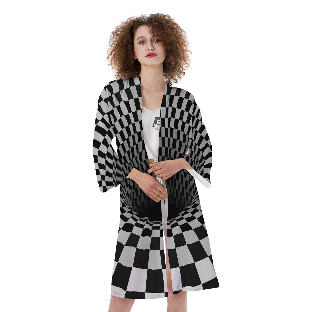 Optical Illusion White And Black Print Kimono-grizzshop