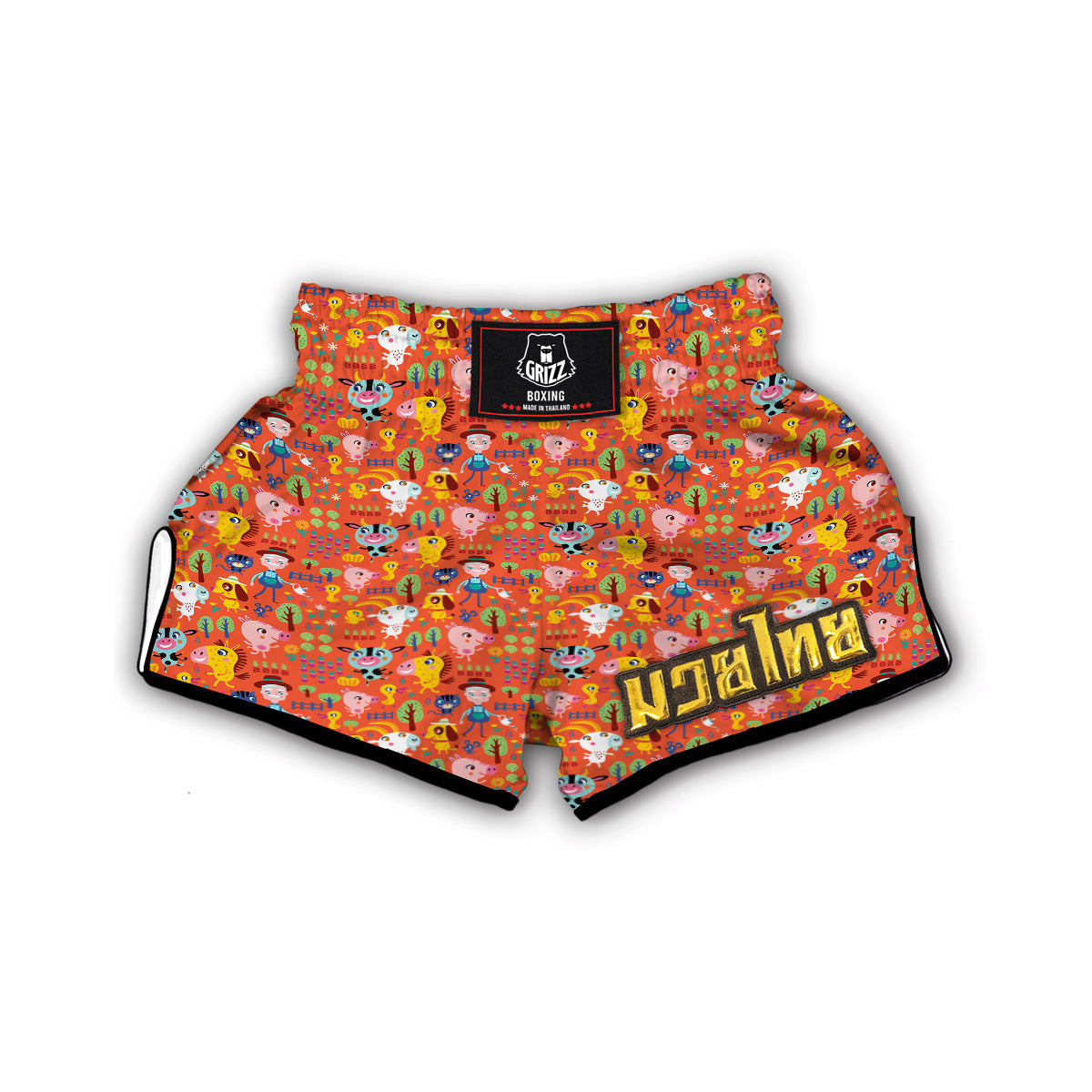 Orange Agriculture Cartoon Print Pattern Muay Thai Boxing Shorts-grizzshop