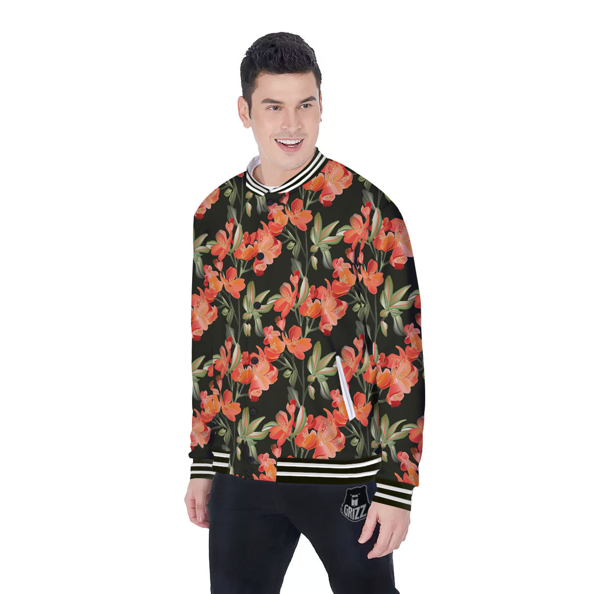 Orange Alstroemeria Print Pattern Baseball Jacket-grizzshop