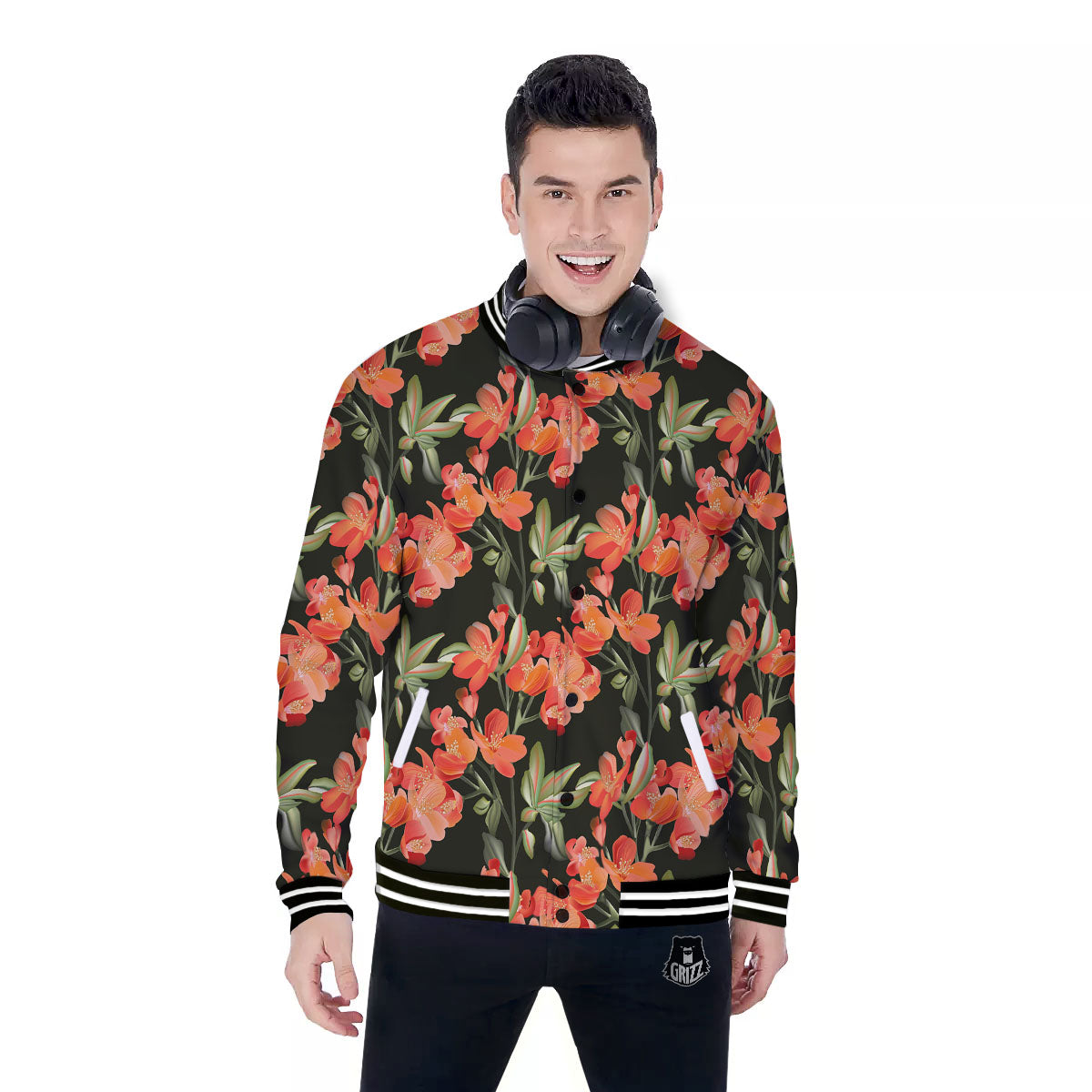 Orange Alstroemeria Print Pattern Baseball Jacket-grizzshop