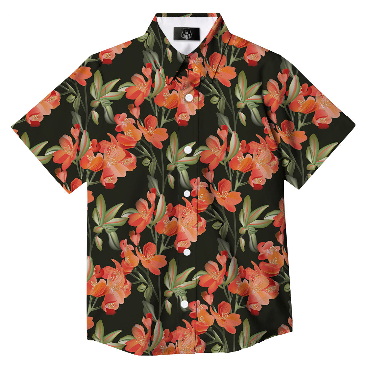 Orange Alstroemeria Print Pattern Button Up Shirt-grizzshop