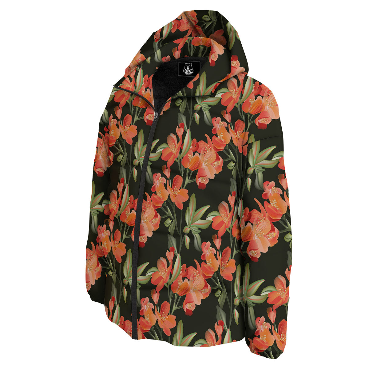 Orange Alstroemeria Print Pattern Down Jacket-grizzshop