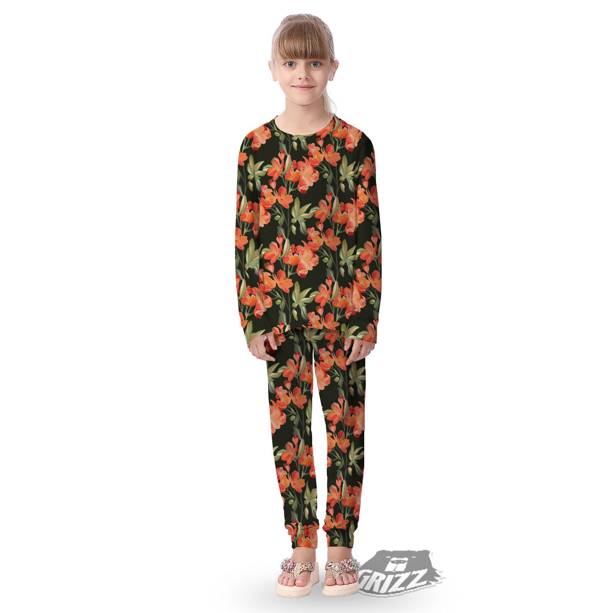Orange Alstroemeria Print Pattern Kid's Pajamas-grizzshop
