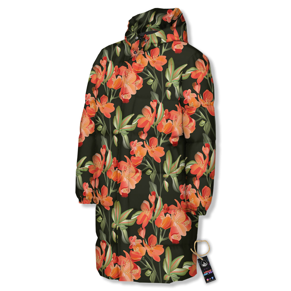 Orange Alstroemeria Print Pattern Long Down Jacket-grizzshop