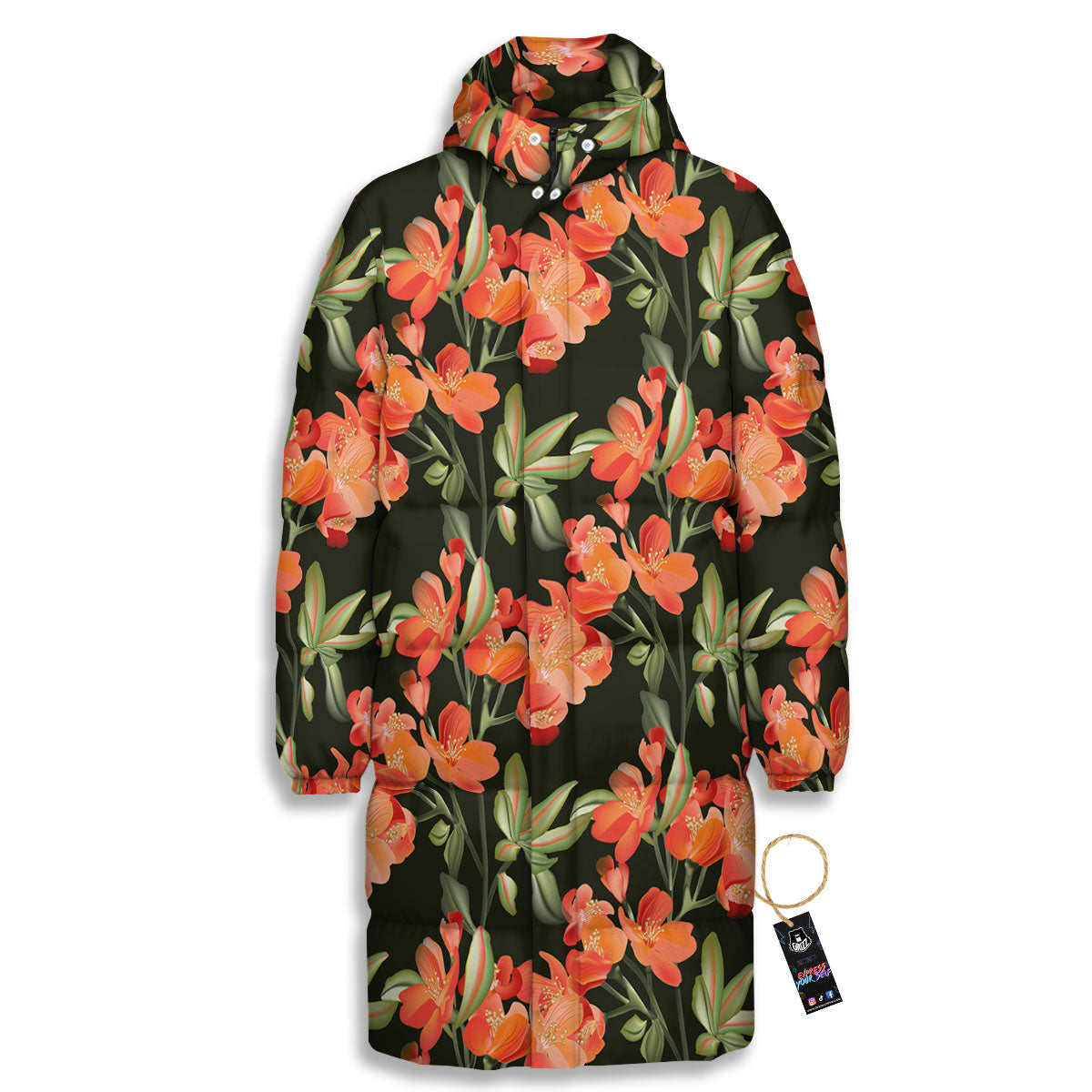 Orange Alstroemeria Print Pattern Long Down Jacket-grizzshop