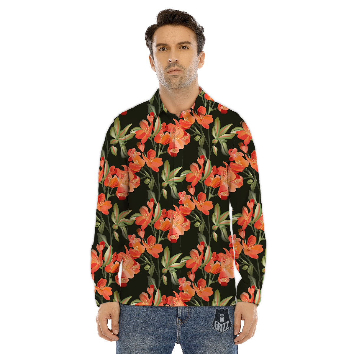 Orange Alstroemeria Print Pattern Men's Dress Shirts-grizzshop