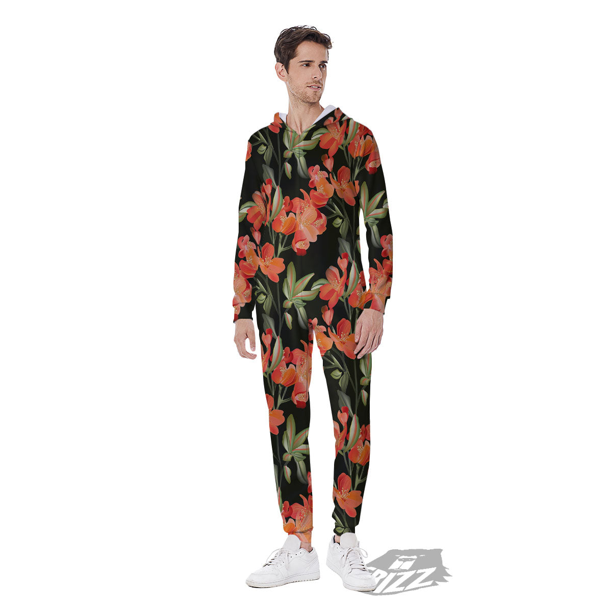 Orange Alstroemeria Print Pattern Men's Jumpsuit-grizzshop